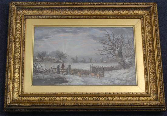 19th C. English School Shepherd and flock in winter, 7.5 x 12in.